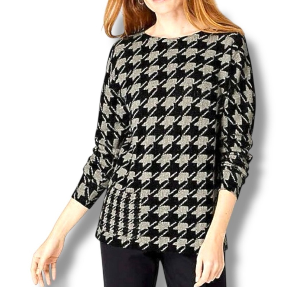J.Jill Tan/Black Elegant Houndstooth Long Sleeve Knit Sweater Front Pocket Top
